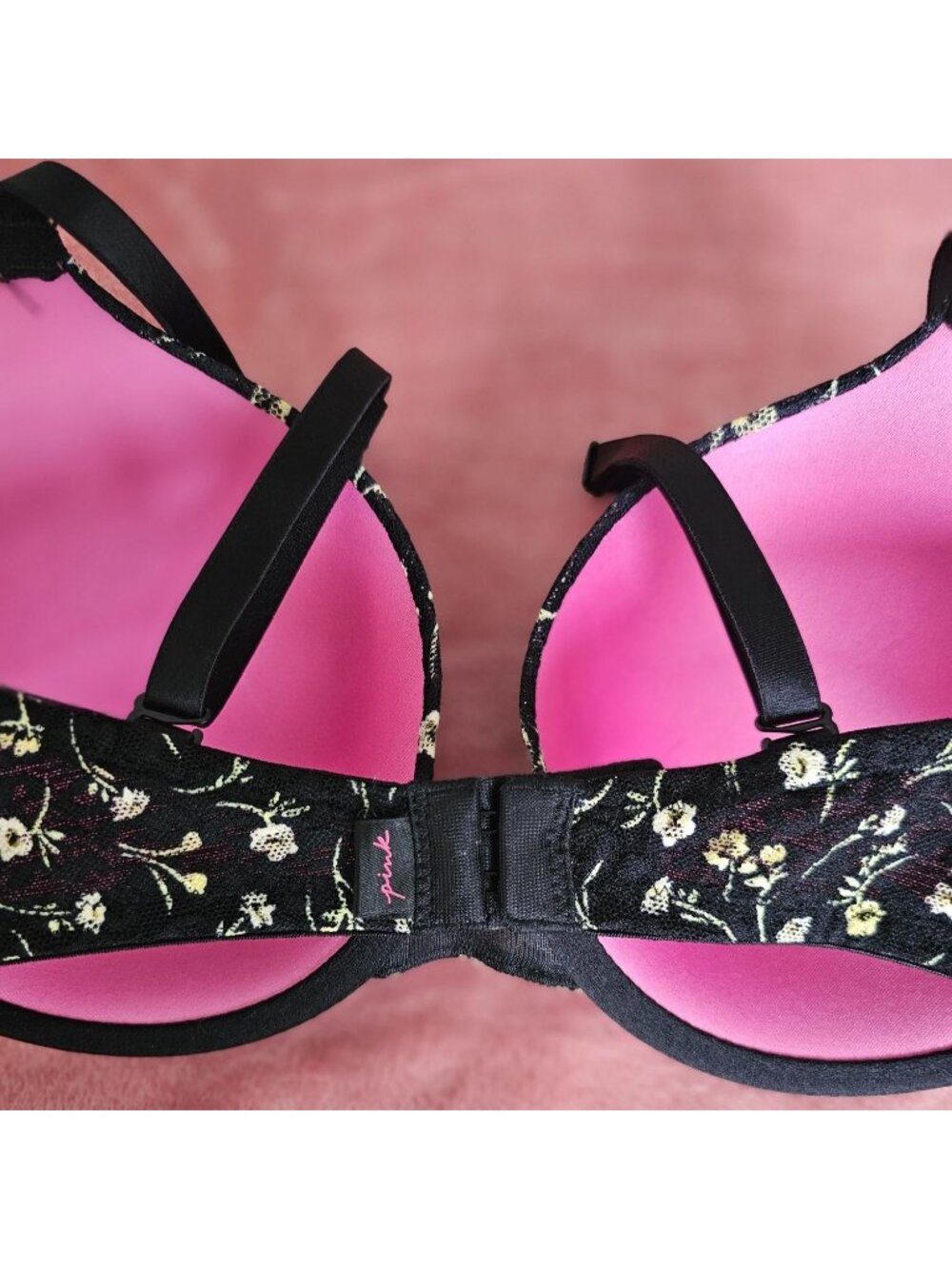 Black Floral Lace Victorias Secret Pink 34DD Push-Up Bra W/Adj Straps & Back - Picture 13 of 15